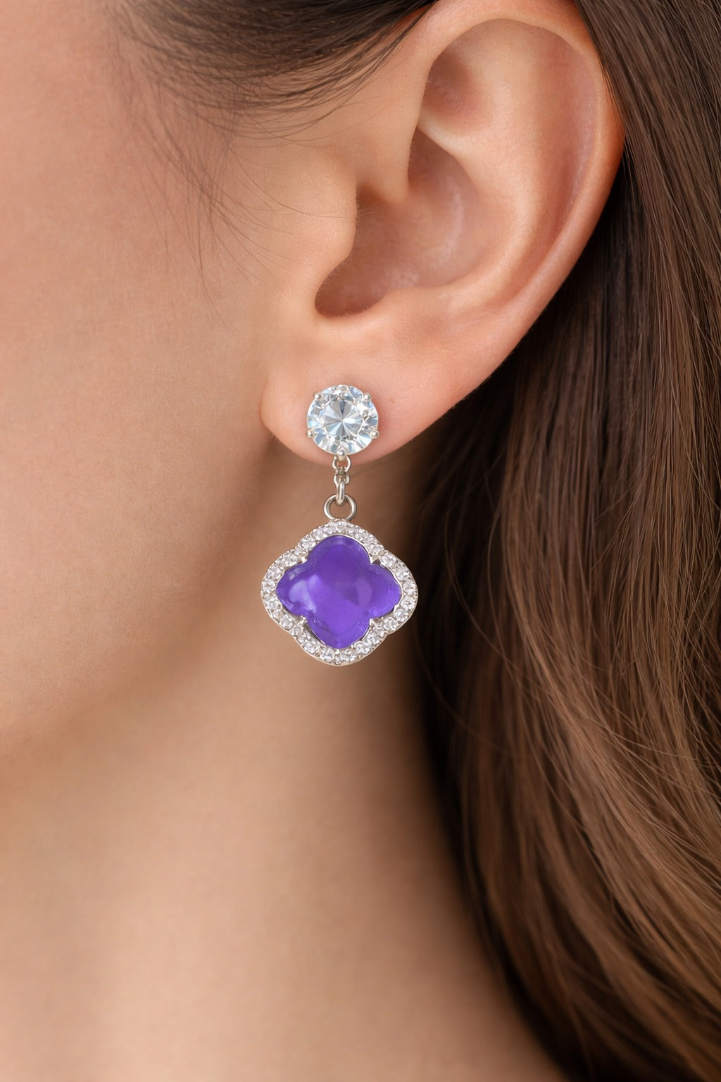 Elegant Purple Clover Crystal Drop Earrings