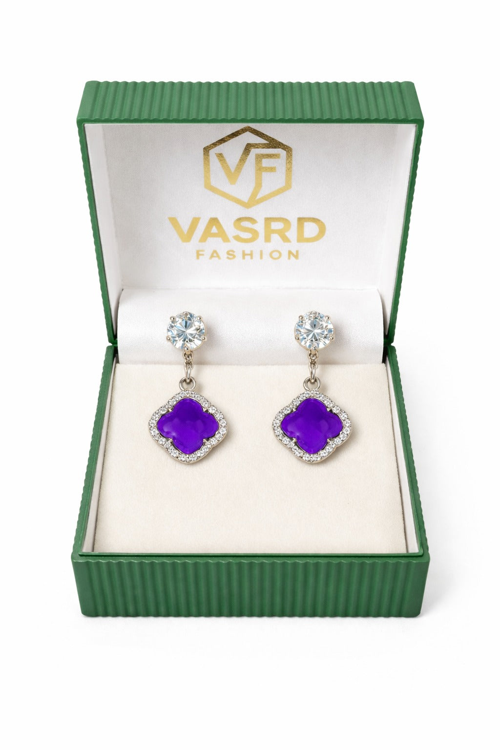 Elegant Purple Clover Crystal Drop Earrings