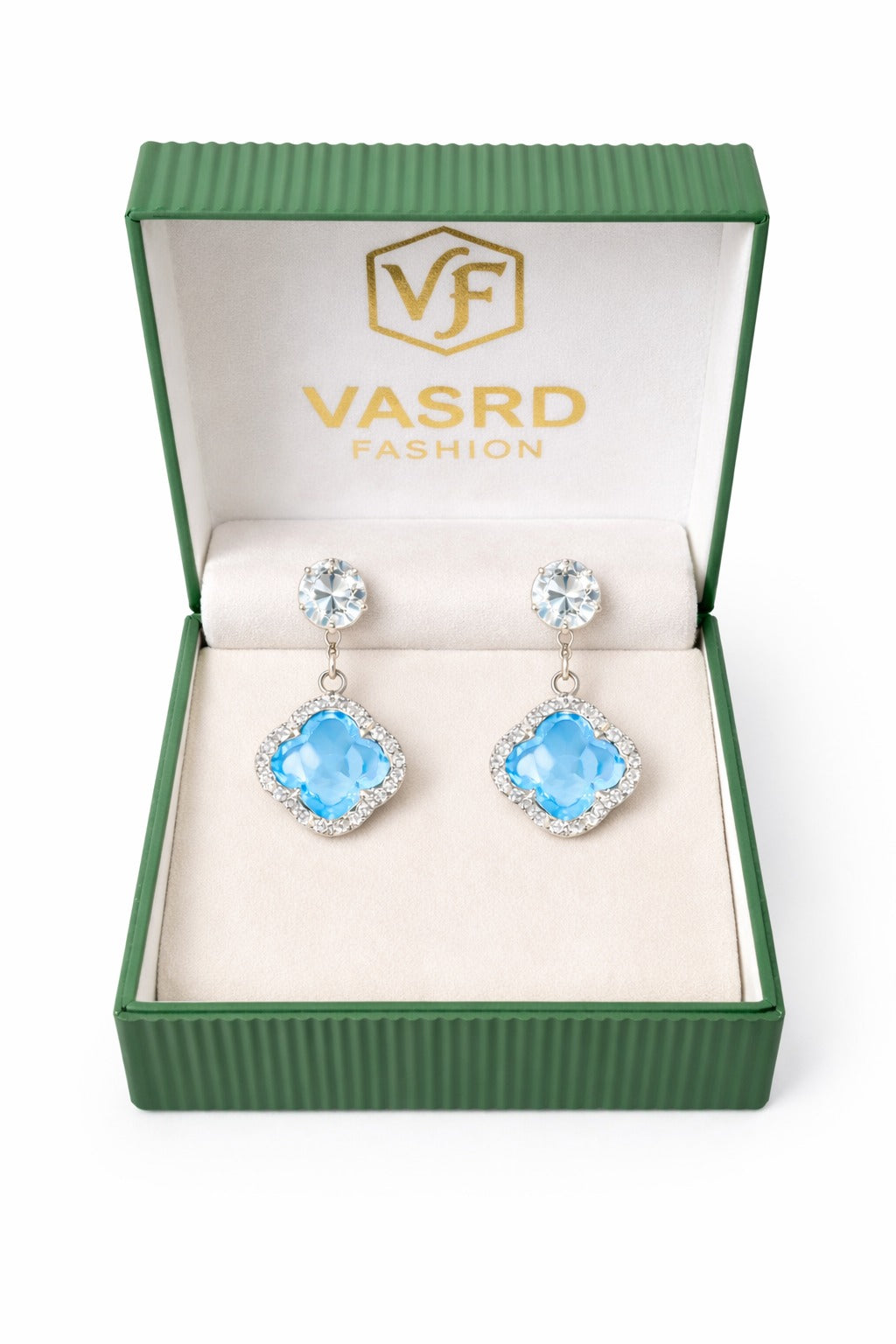 Sky Blue Clover Crystal Drop Earrings with Silver Halo