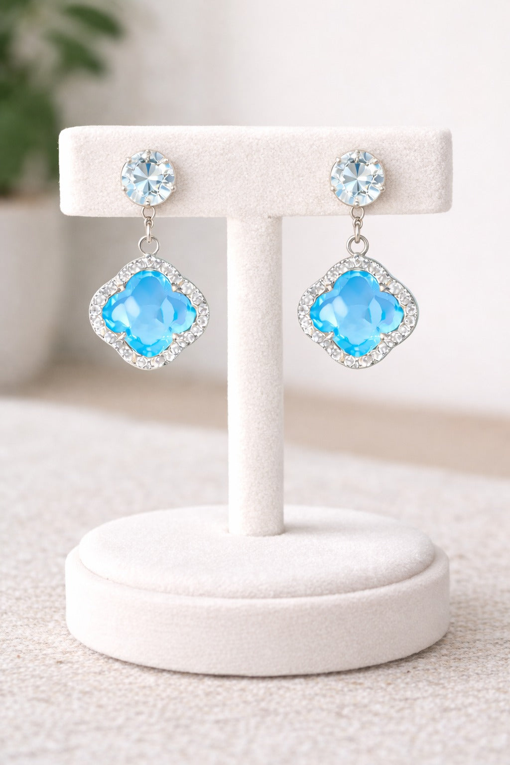 Sky Blue Clover Crystal Drop Earrings with Silver Halo