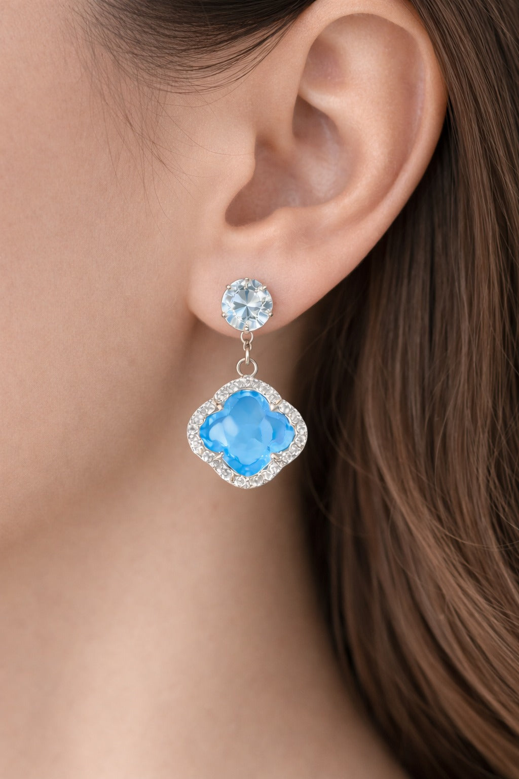 Sky Blue Clover Crystal Drop Earrings with Silver Halo
