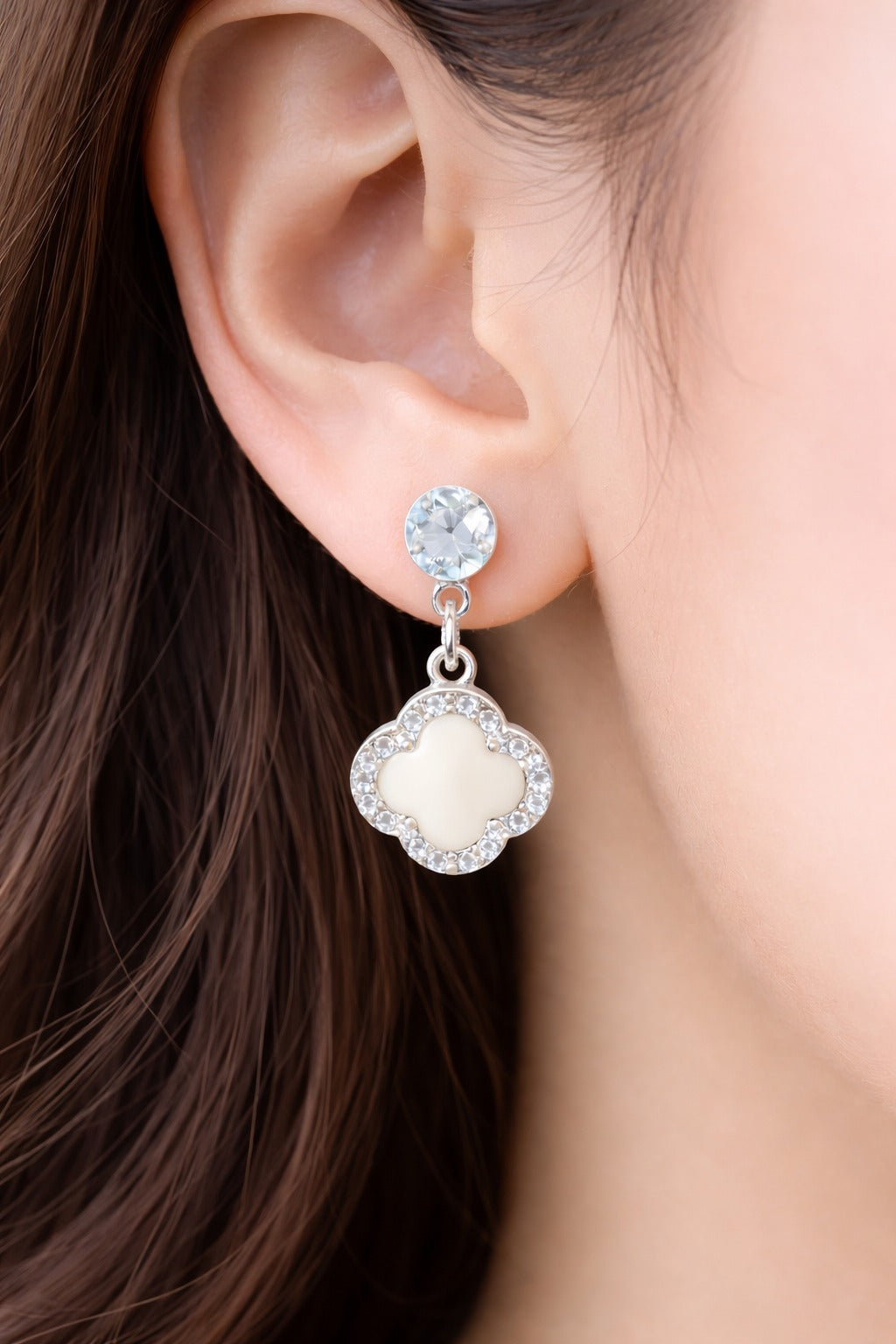 Ivory Clover Crystal Drop Earrings with Silver Halo