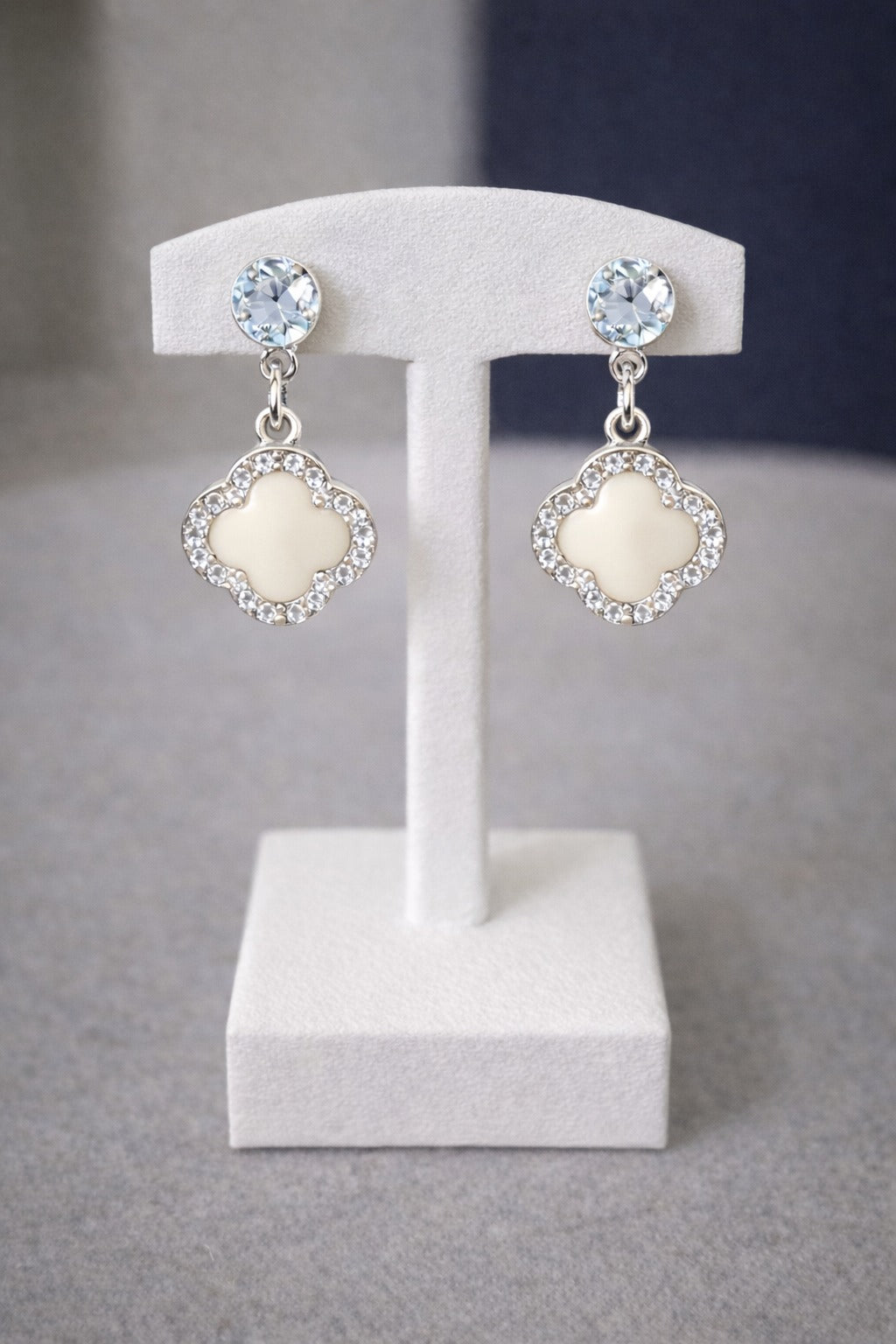 Ivory Clover Crystal Drop Earrings with Silver Halo