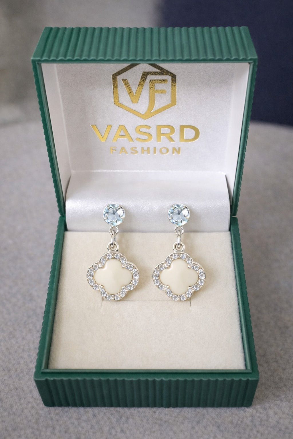Ivory Clover Crystal Drop Earrings with Silver Halo