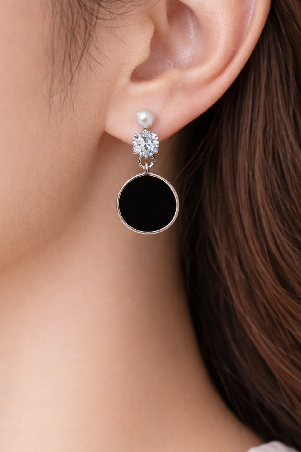 Modern Pearl and Black Round Charm Drop Earrings