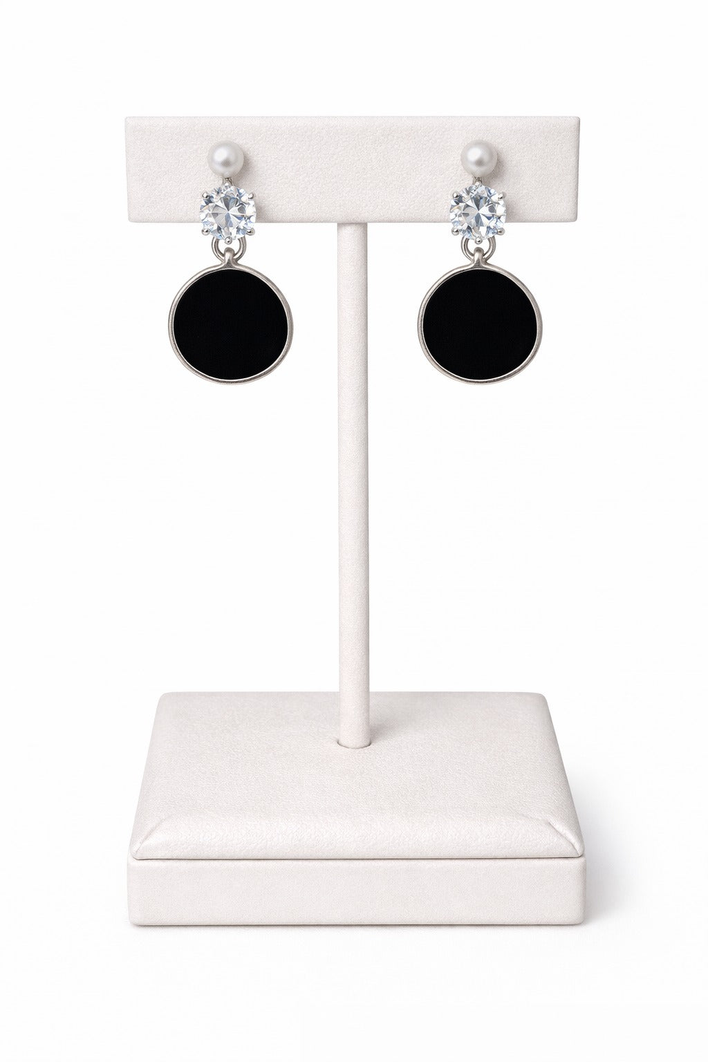 Modern Pearl and Black Round Charm Drop Earrings