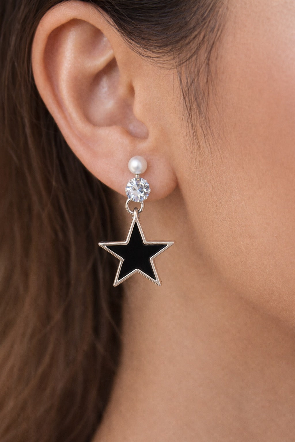 Elegant Pearl, Crystal & Black Star Drop Earrings