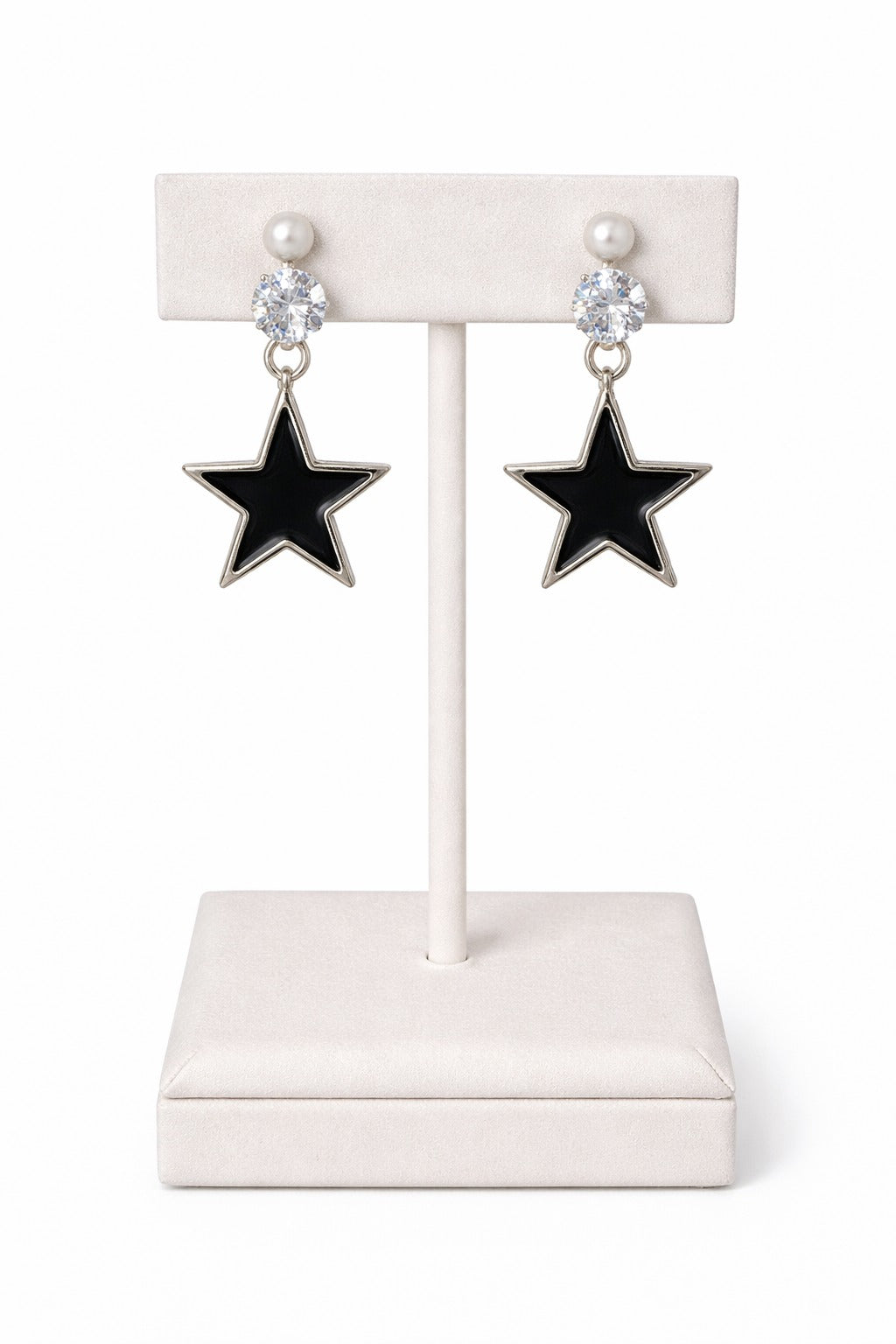 Elegant Pearl, Crystal & Black Star Drop Earrings