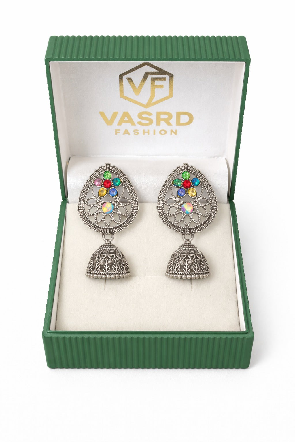 Traditional Oxidised Silver Multicolor Stone Jhumka Earrings