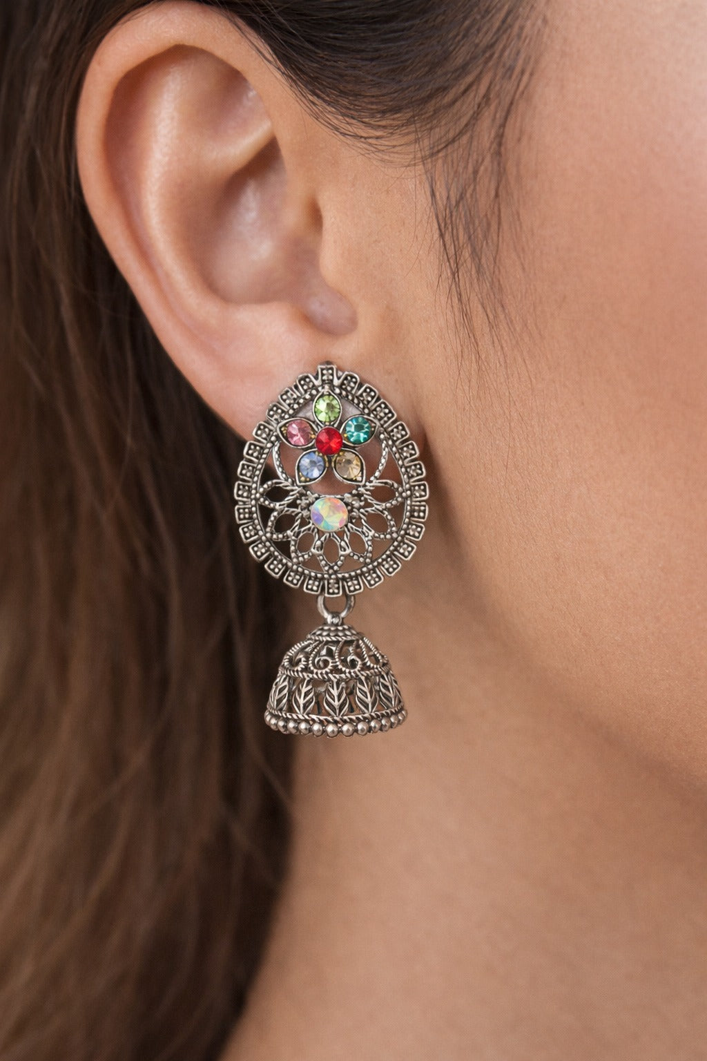 Traditional Oxidised Silver Multicolor Stone Jhumka Earrings