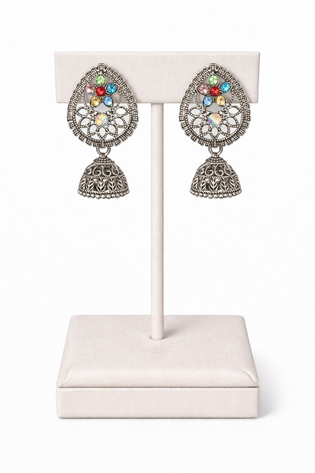 Traditional Oxidised Silver Multicolor Stone Jhumka Earrings