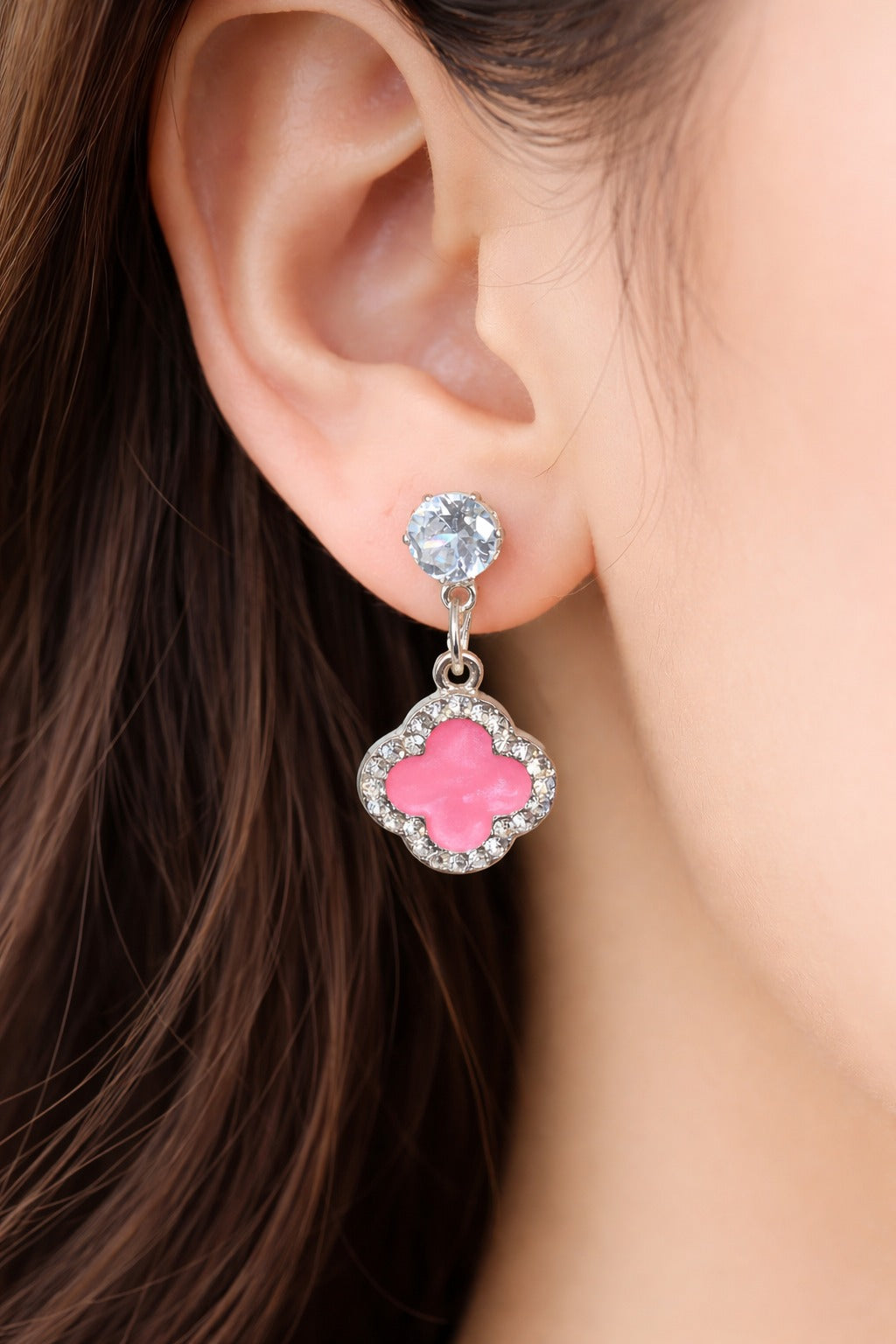 Elegant Pink Clover Crystal Drop Earrings