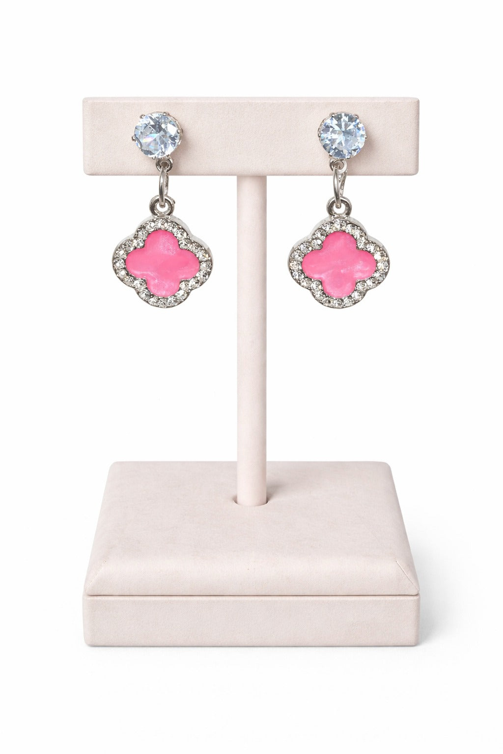Elegant Pink Clover Crystal Drop Earrings