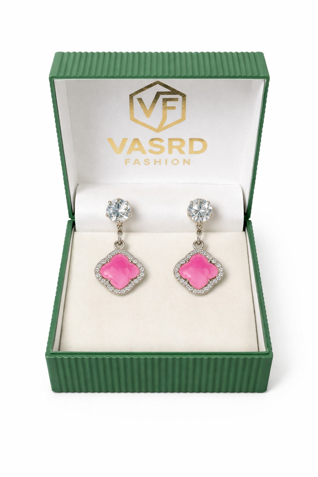 Elegant Pink Clover Crystal Drop Earrings