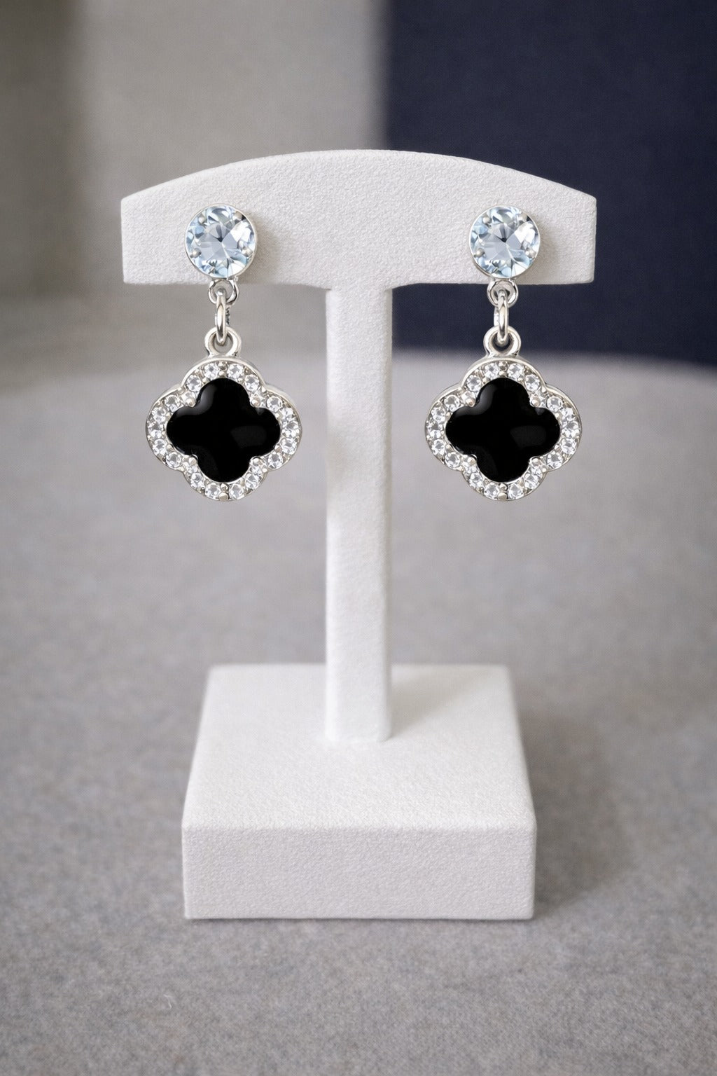 Elegant Black Clover Crystal Drop Earrings