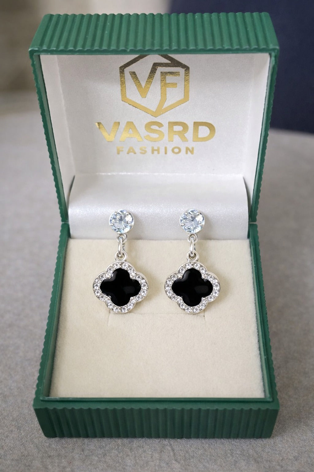Elegant Black Clover Crystal Drop Earrings