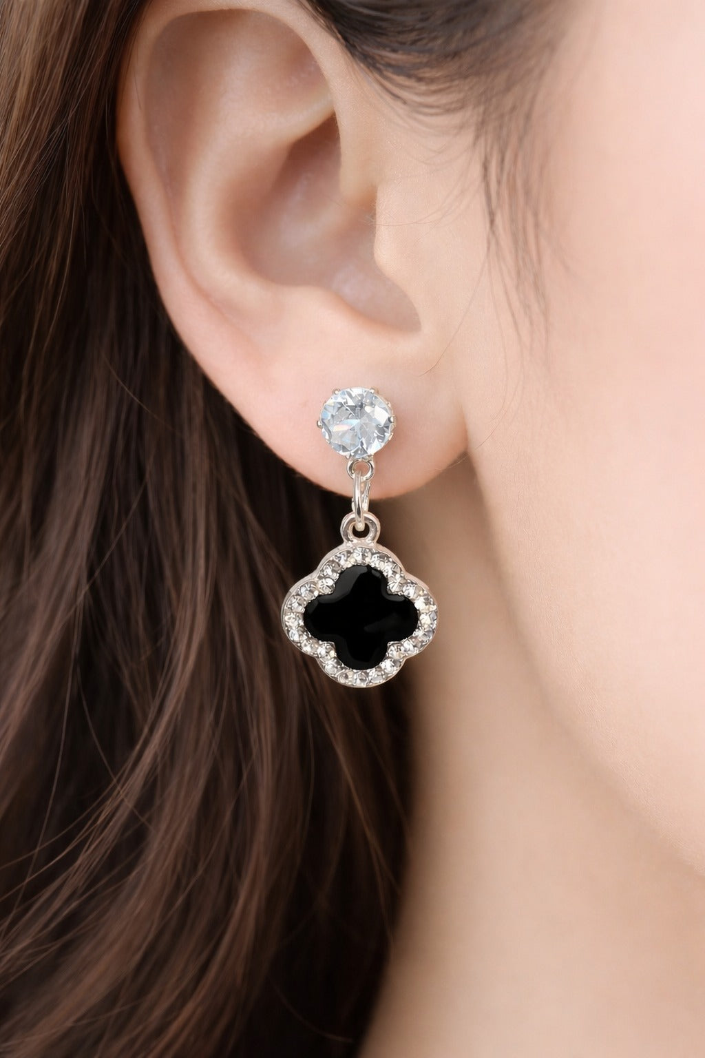 Elegant Black Clover Crystal Drop Earrings
