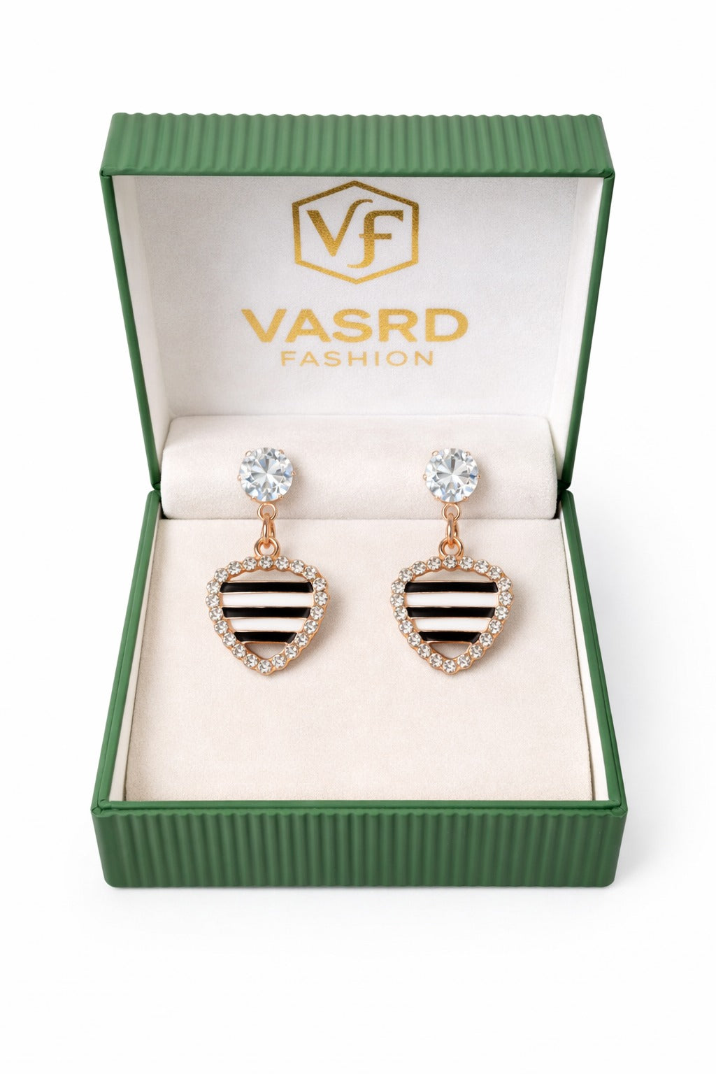 Rose Gold Striped Heart Crystal Drop Earrings