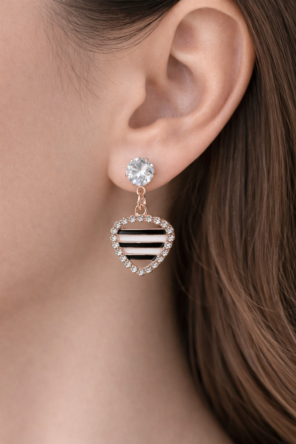 Rose Gold Striped Heart Crystal Drop Earrings
