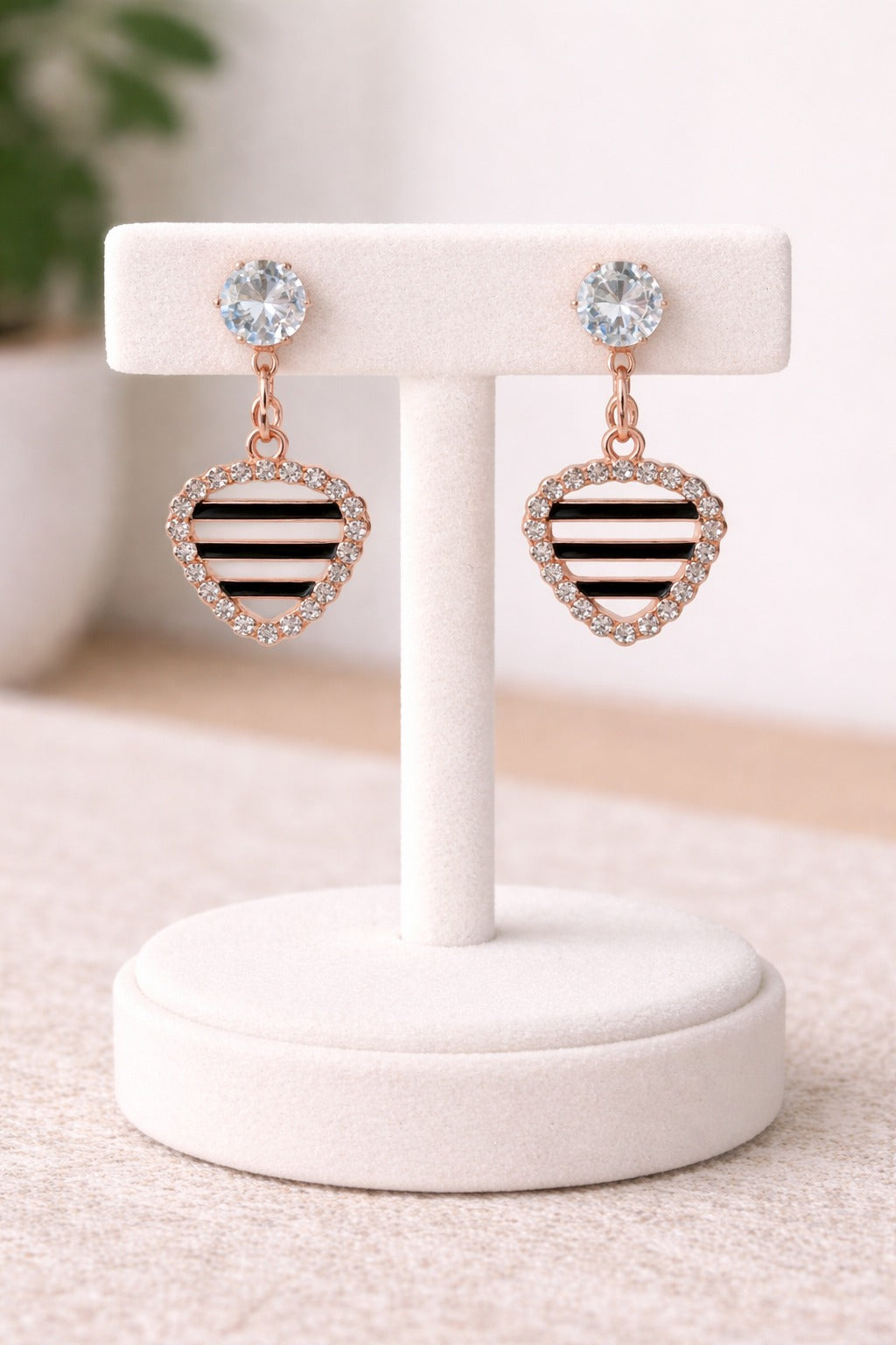 Rose Gold Striped Heart Crystal Drop Earrings