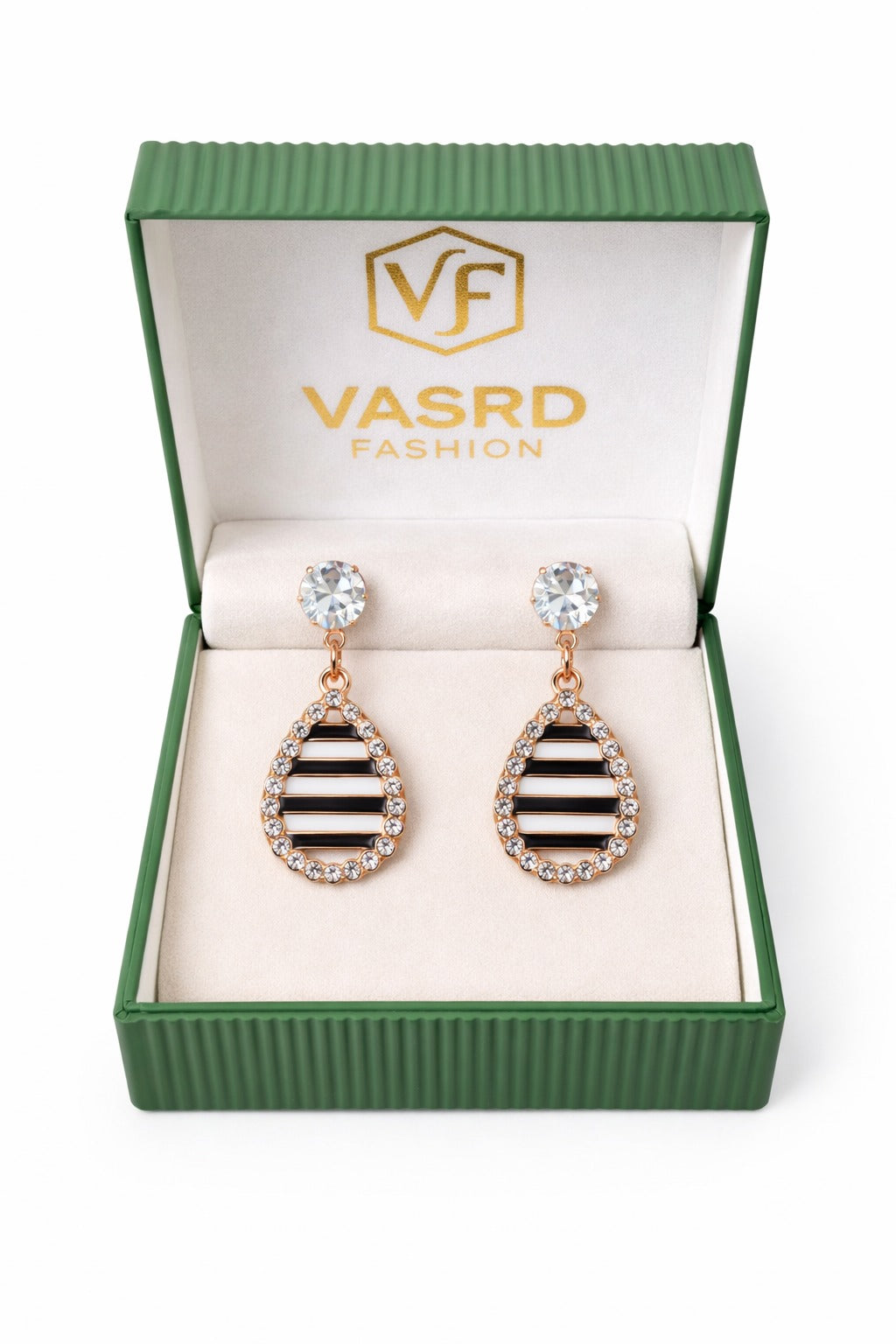 Rose Gold Striped Teardrop Crystal Halo Earrings