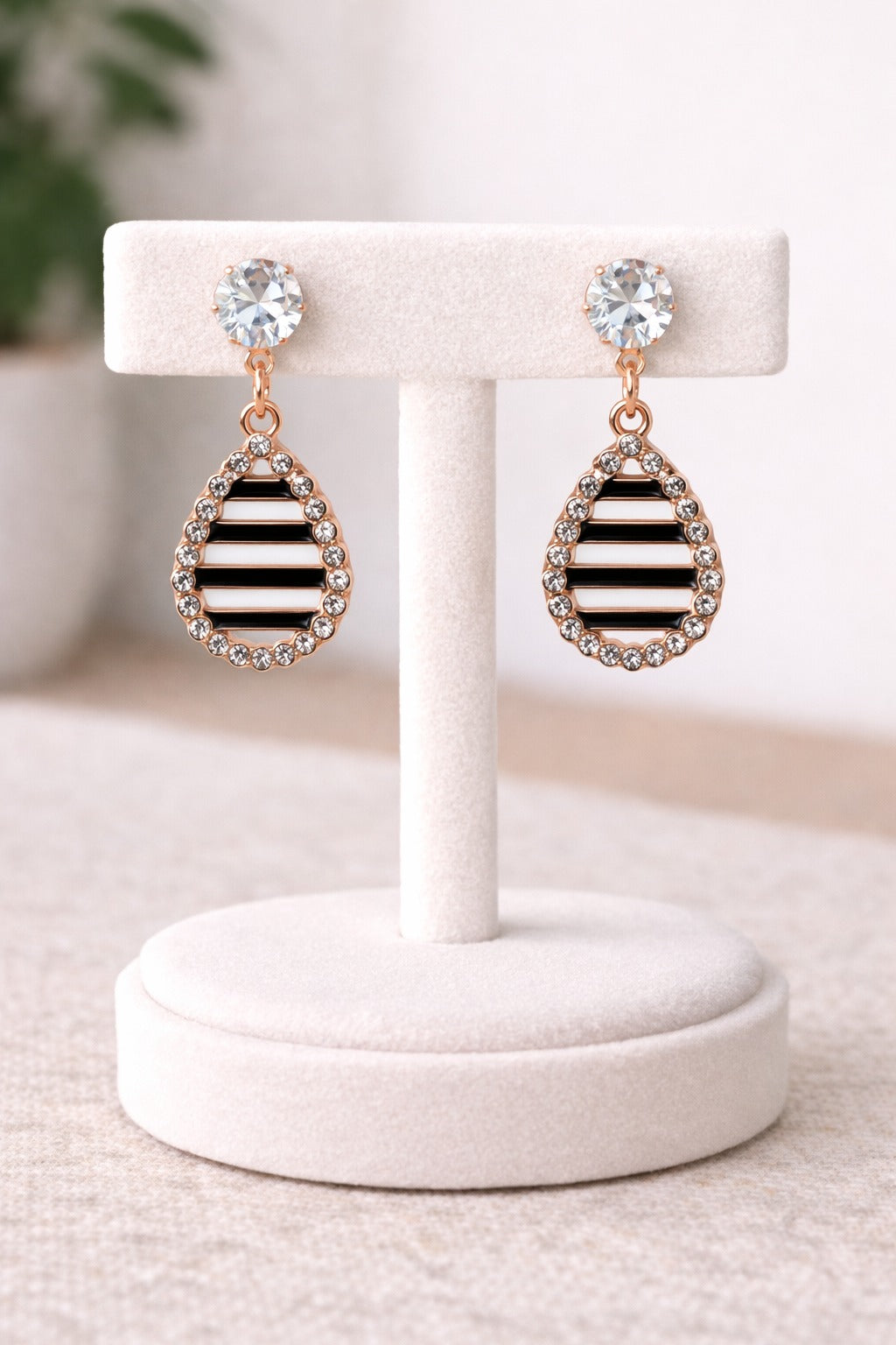 Rose Gold Striped Teardrop Crystal Halo Earrings