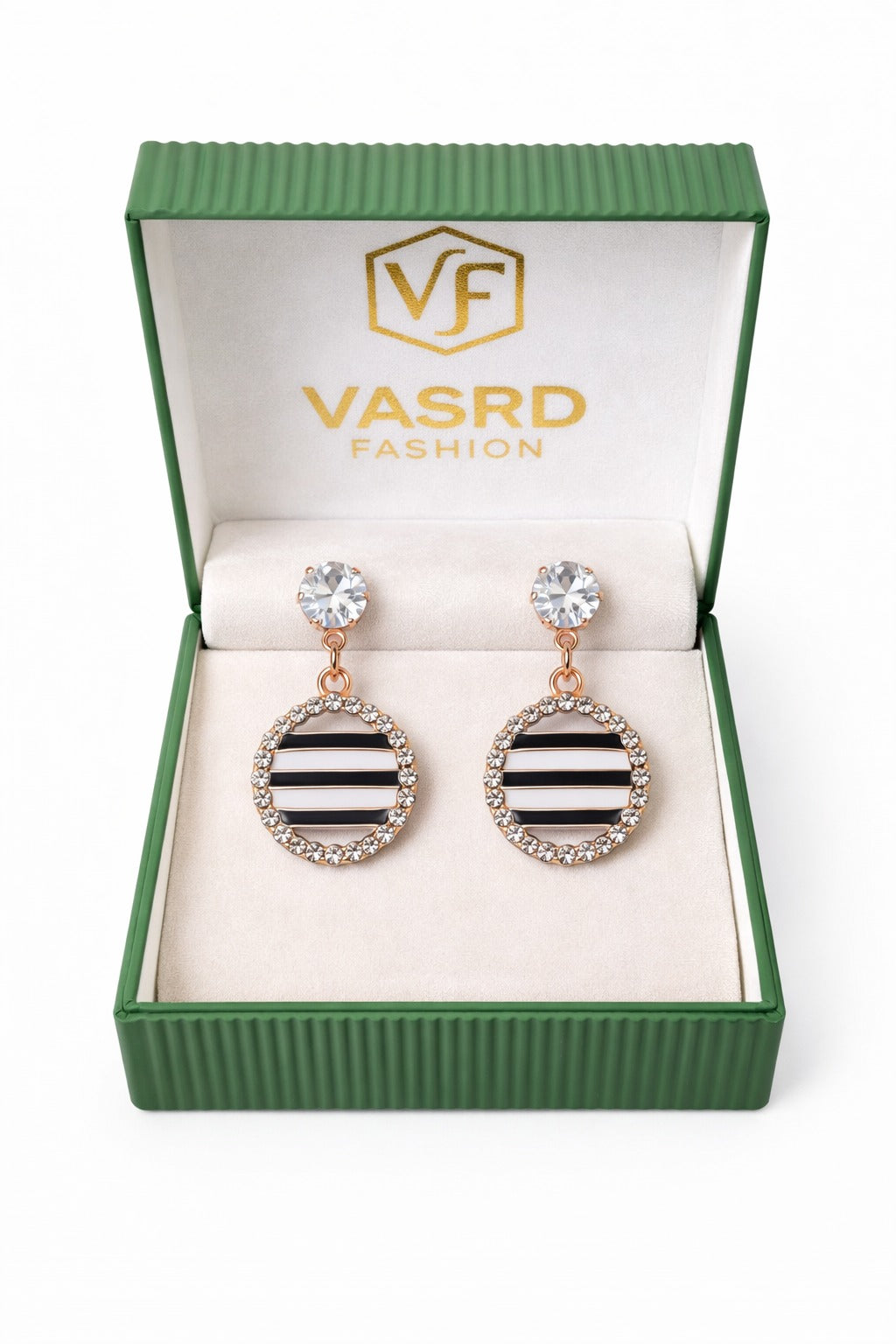 Rose Gold Striped Circle Crystal Halo Drop Earrings