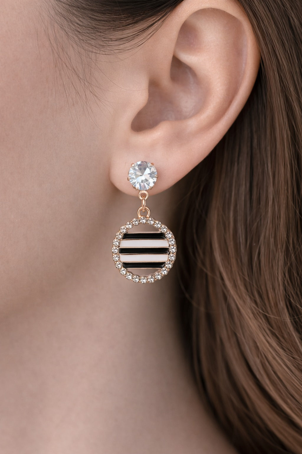 Rose Gold Striped Circle Crystal Halo Drop Earrings