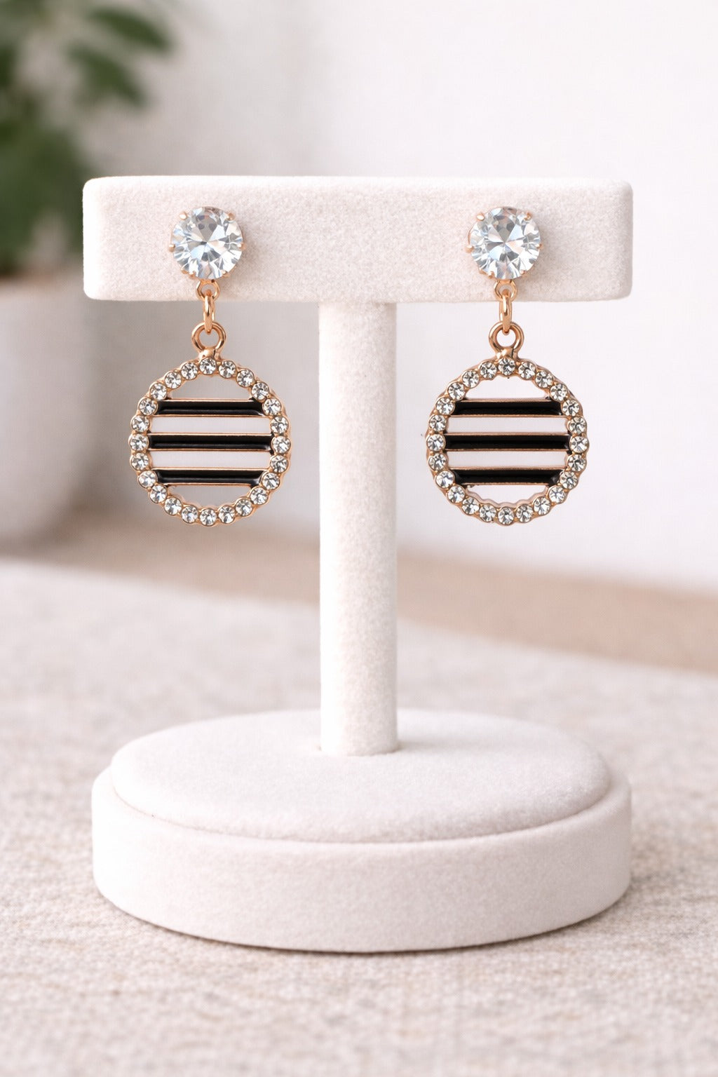 Rose Gold Striped Circle Crystal Halo Drop Earrings