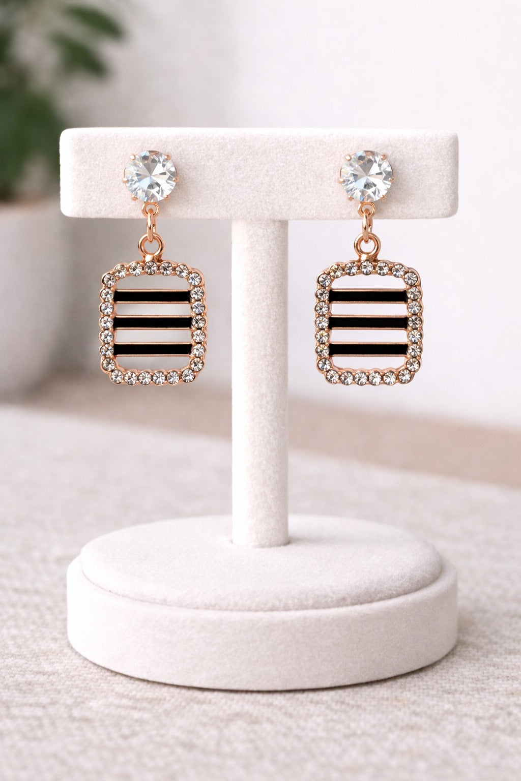 Rose Gold Striped Square Crystal Halo Drop Earrings