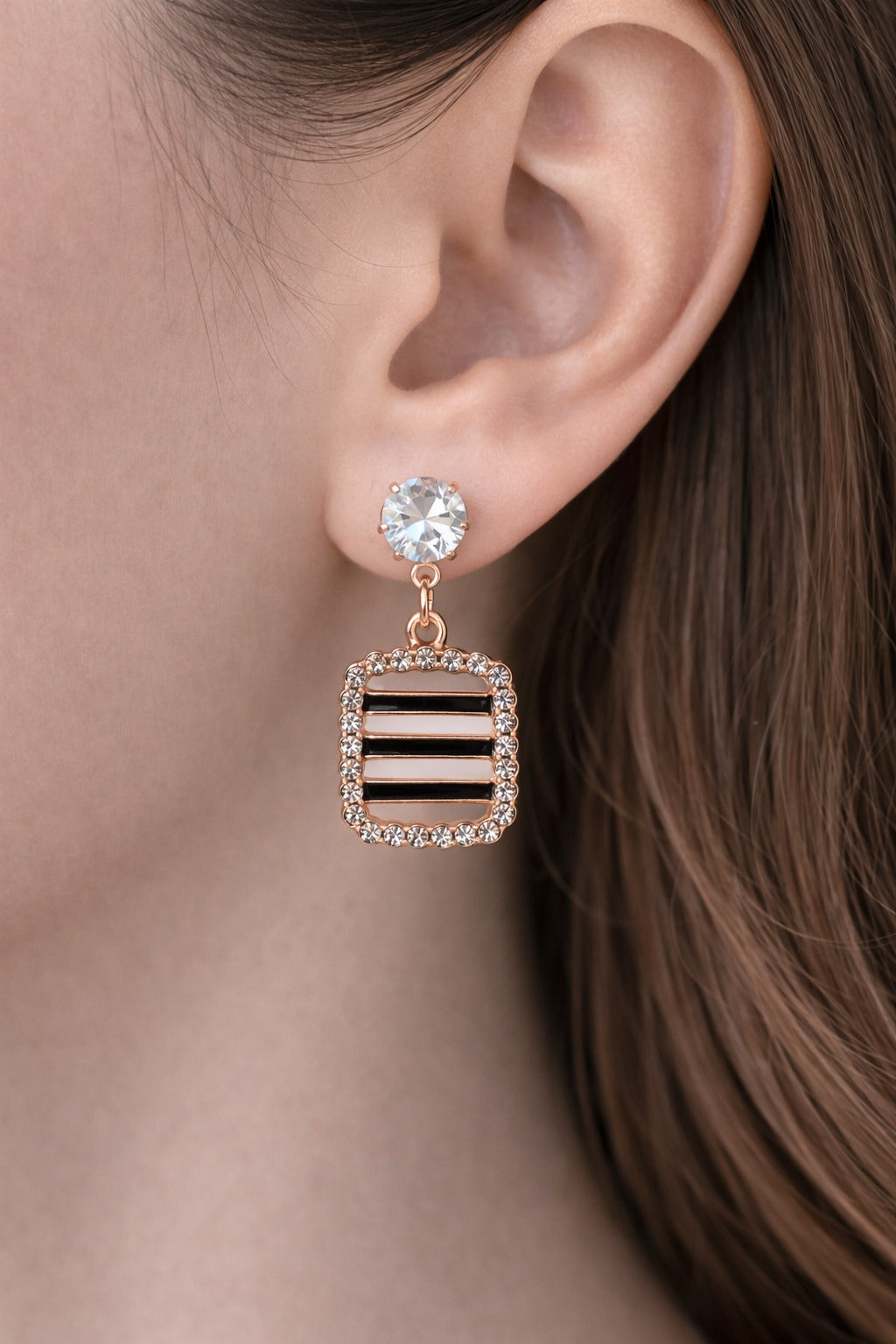 Rose Gold Striped Square Crystal Halo Drop Earrings