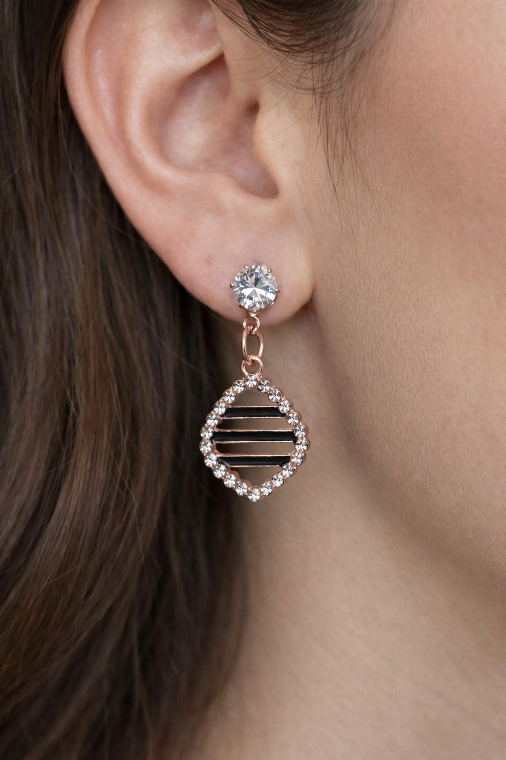 Rose Gold Striped Diamond Shape Crystal Halo Drop Earrings