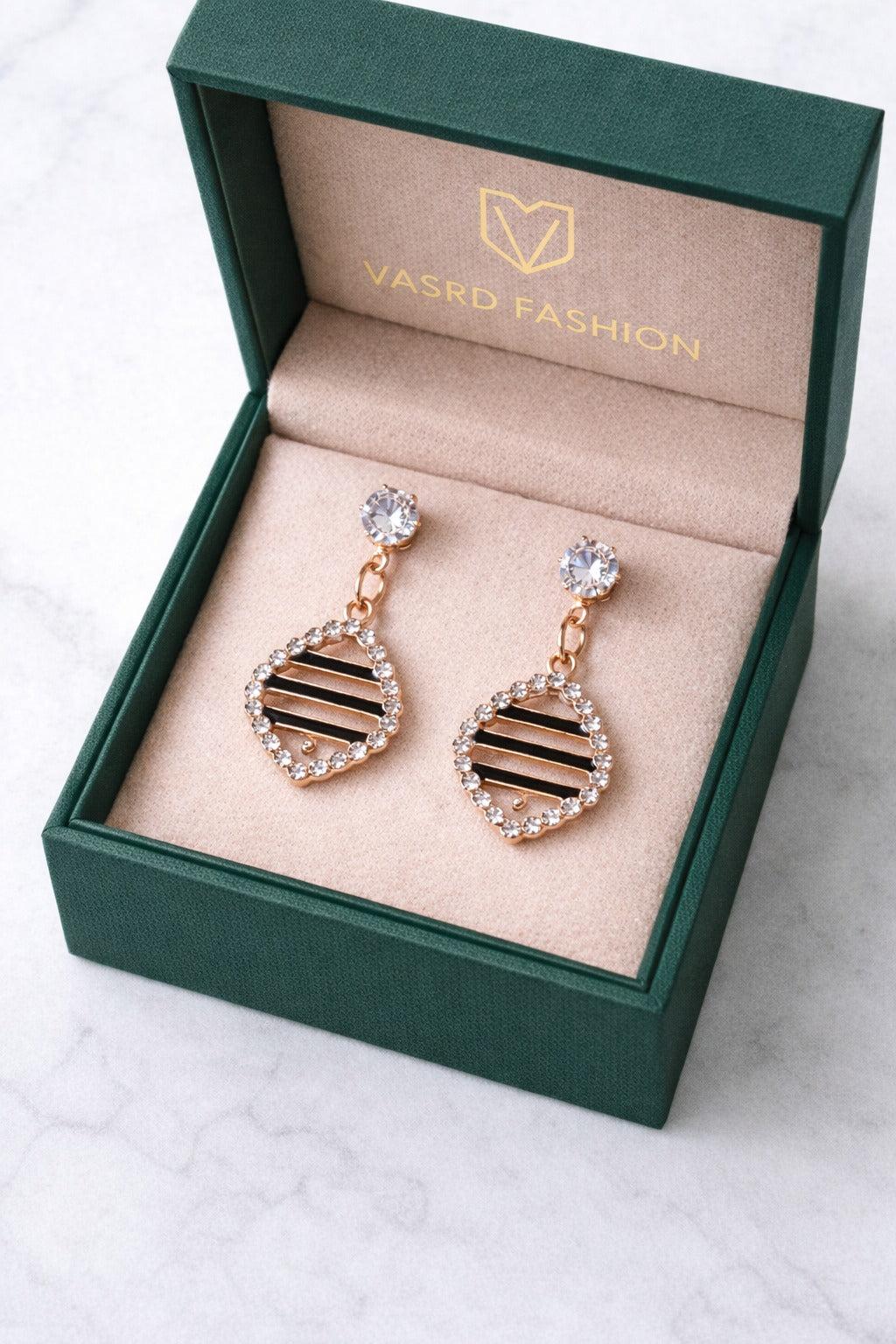 Rose Gold Striped Clover Crystal Halo Drop Earrings