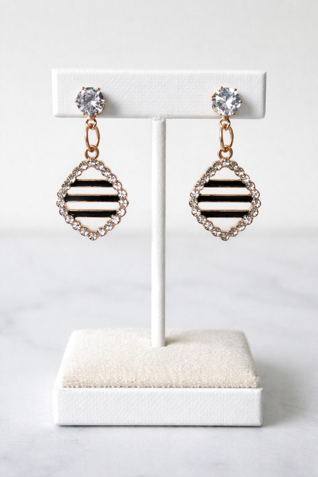 Rose Gold Striped Diamond Shape Crystal Halo Drop Earrings