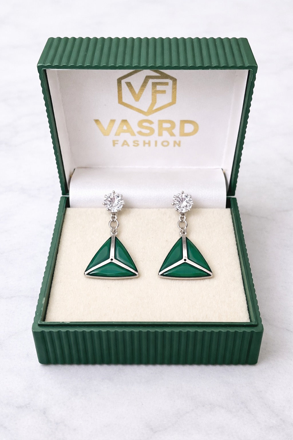 Emerald Green Triangle Crystal Drop Earrings