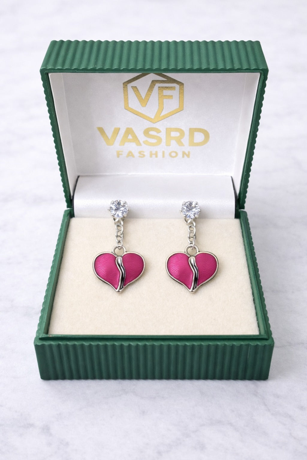 Pink Heart Enamel Crystal Drop Earrings