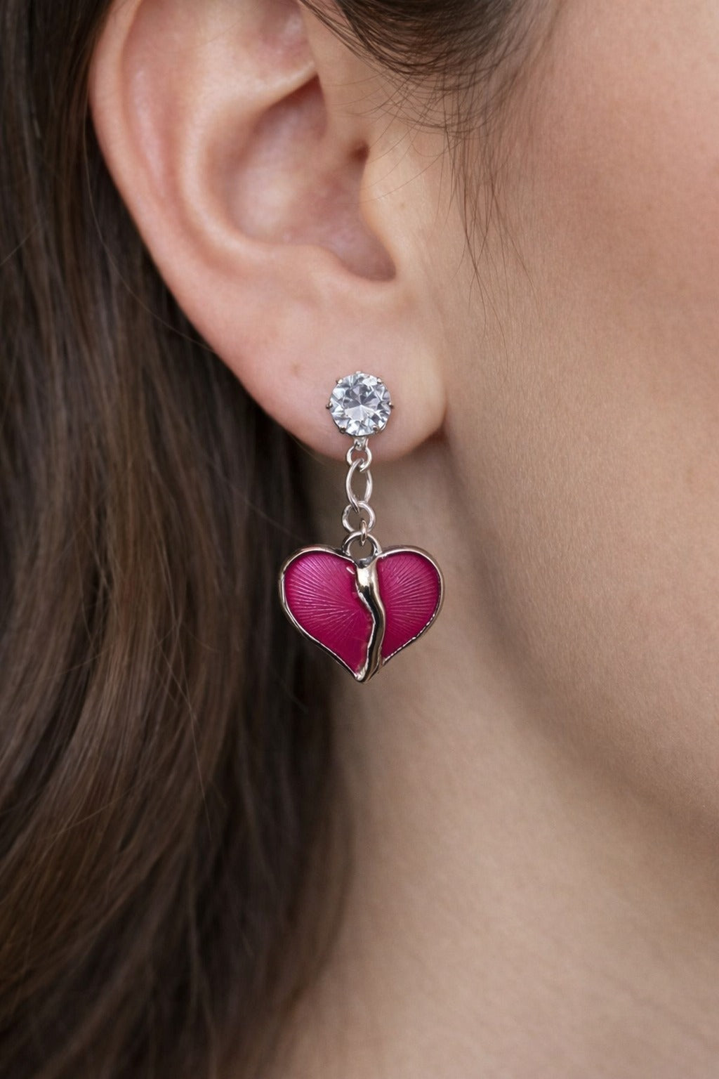 Pink Heart Enamel Crystal Drop Earrings
