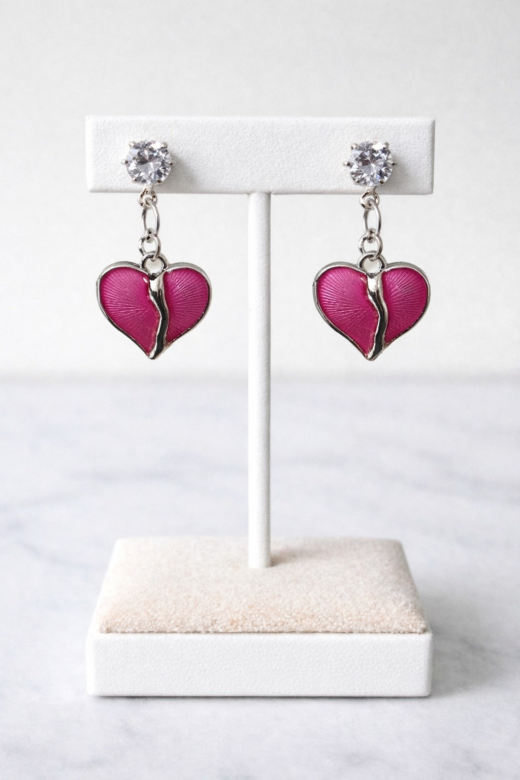 Pink Heart Enamel Crystal Drop Earrings