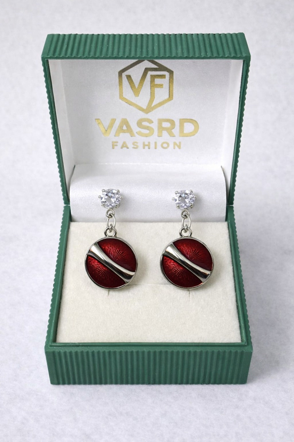 Ruby Red Enamel Round Crystal Drop Earrings