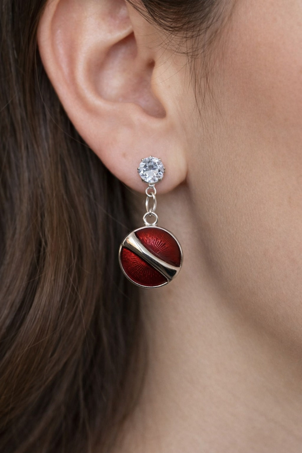 Ruby Red Enamel Round Crystal Drop Earrings