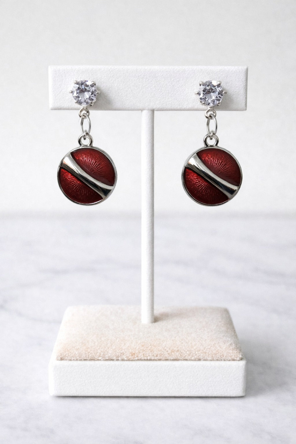 Ruby Red Enamel Round Crystal Drop Earrings