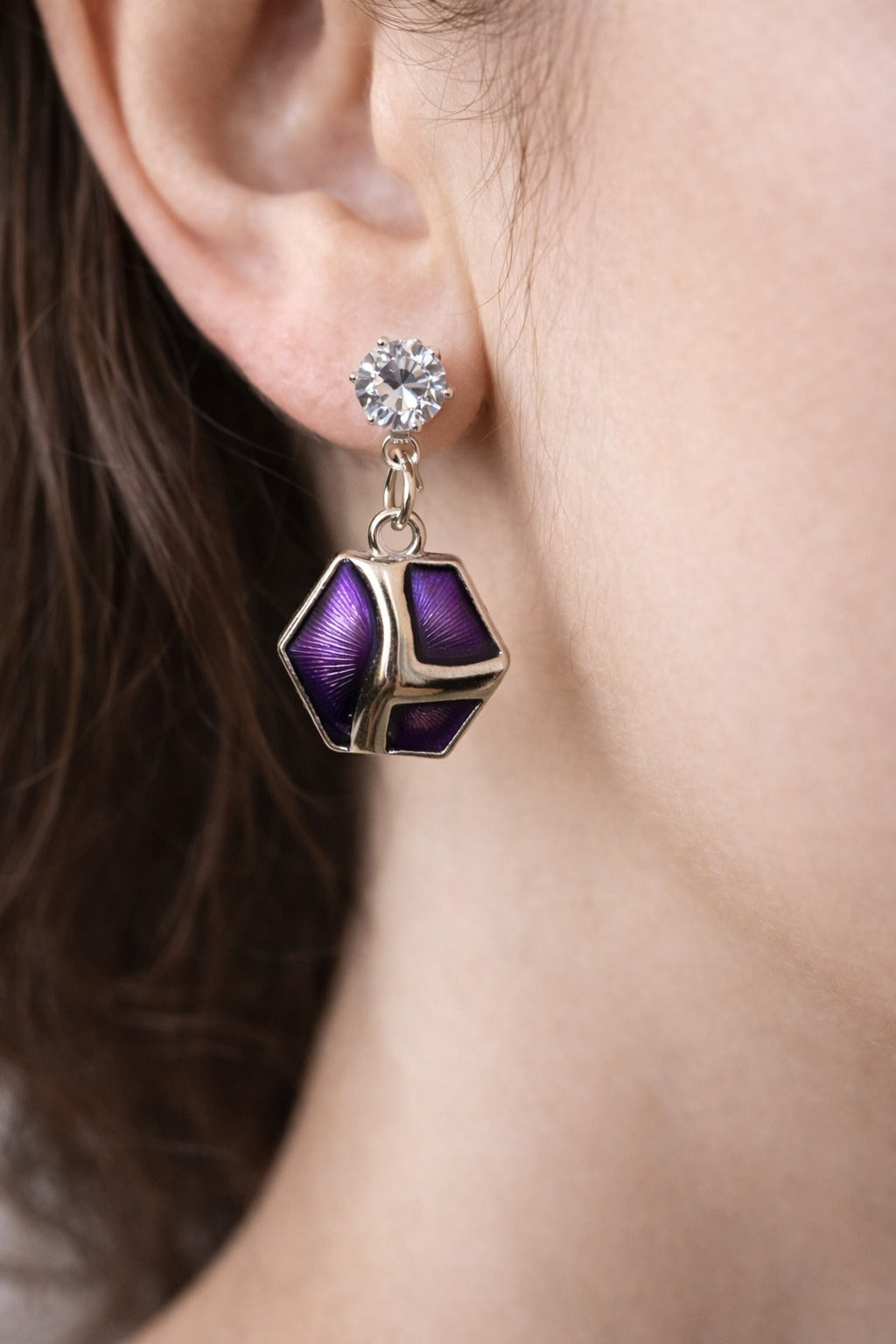 Royal Purple Geometric Enamel Crystal Drop Earrings