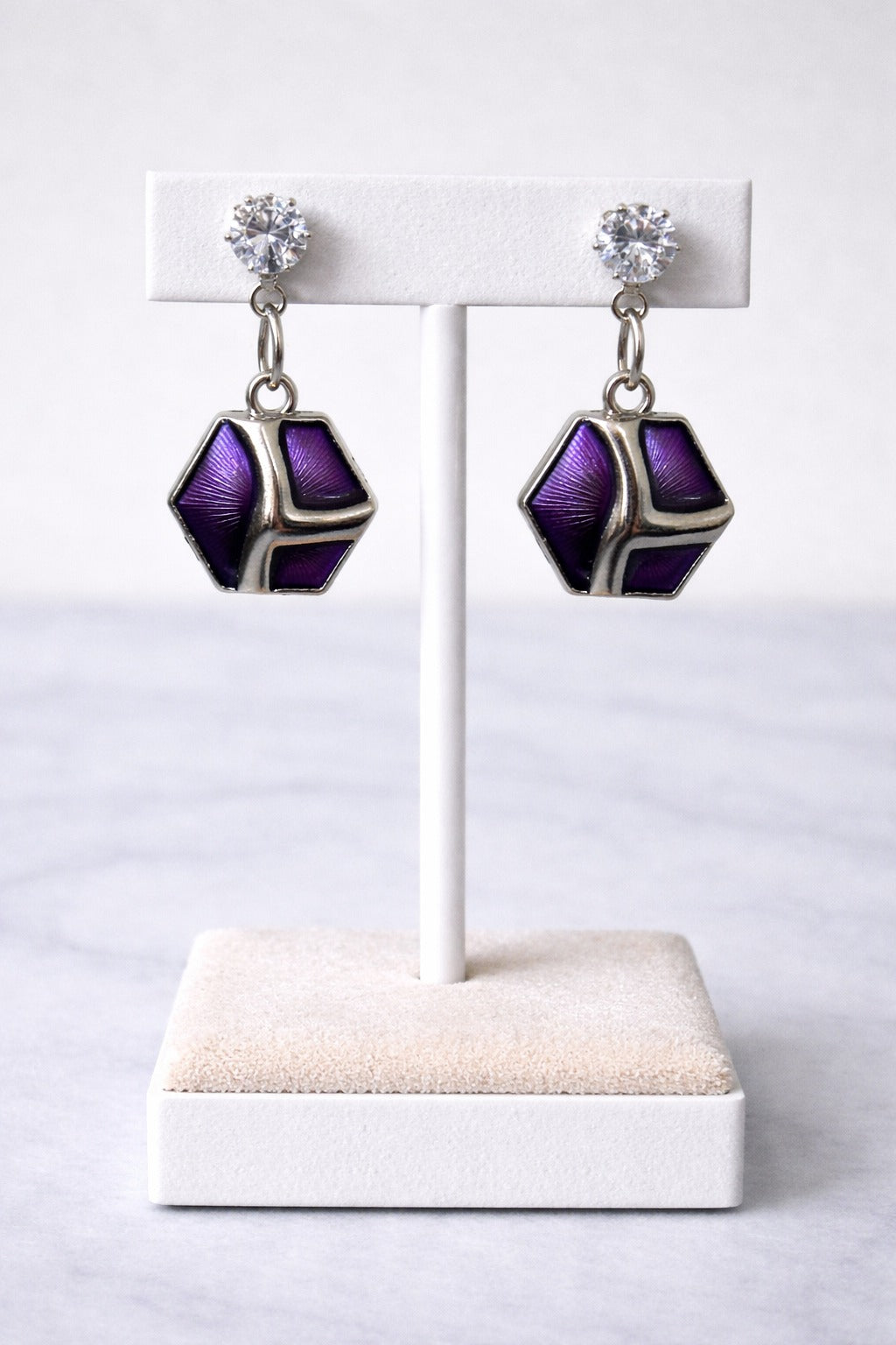 Royal Purple Geometric Enamel Crystal Drop Earrings