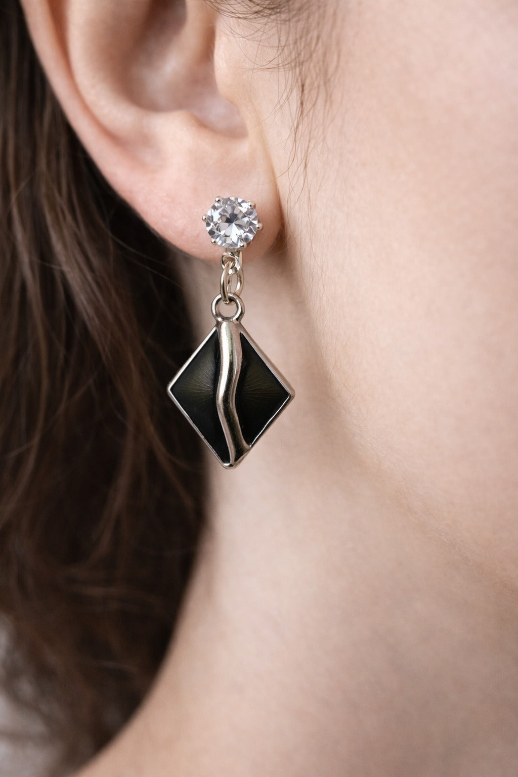 Classic Black Diamond Shape Enamel Crystal Drop Earrings