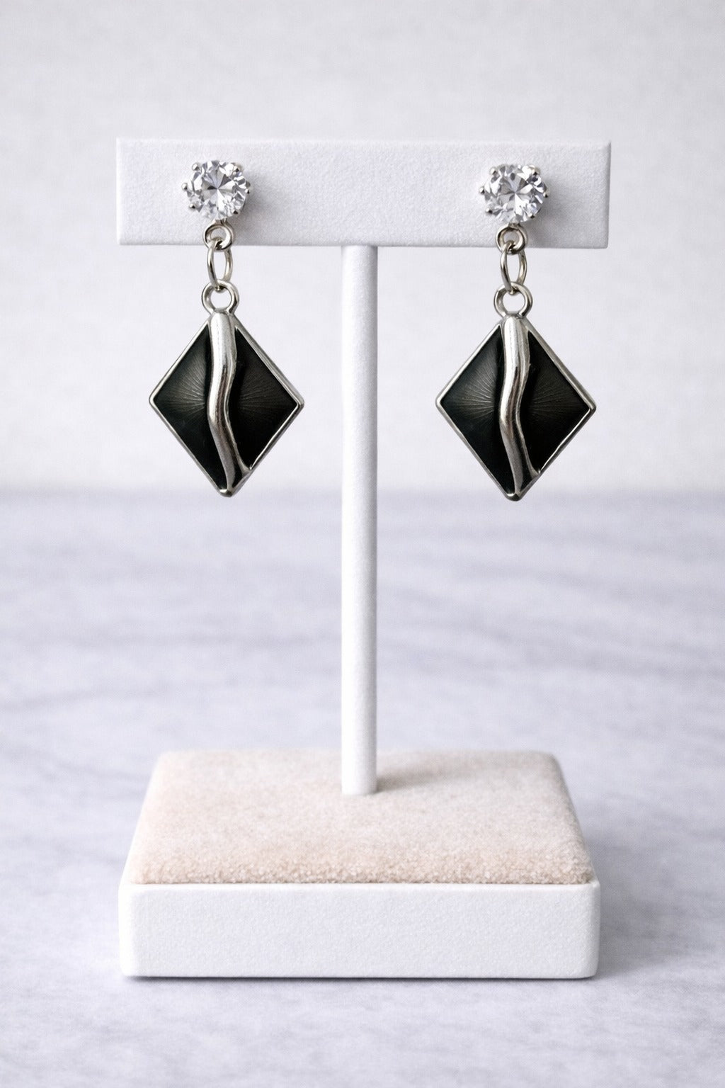 Classic Black Diamond Shape Enamel Crystal Drop Earrings