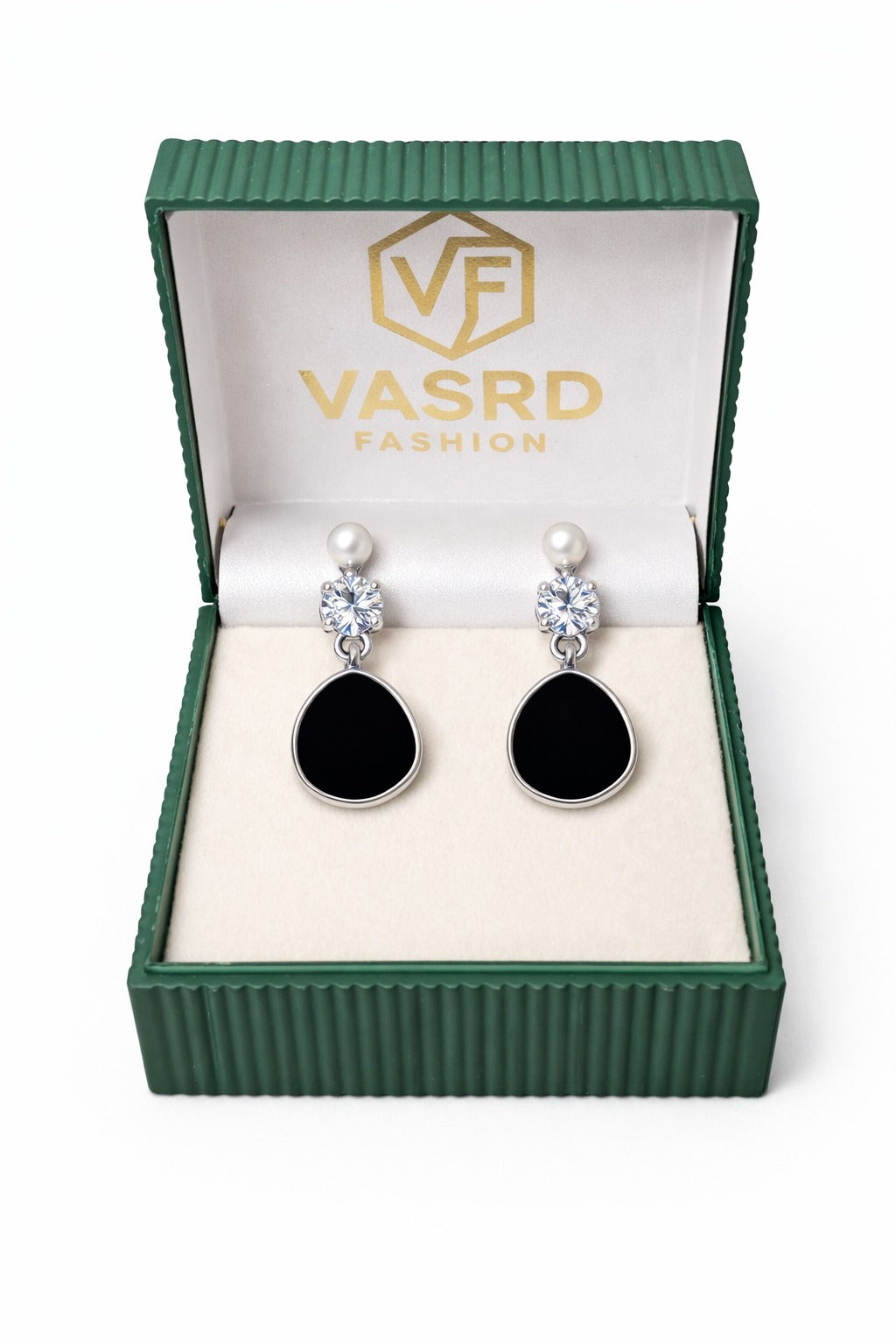 Elegant Pearl, Crystal & Black Teardrop Dangle Earrings