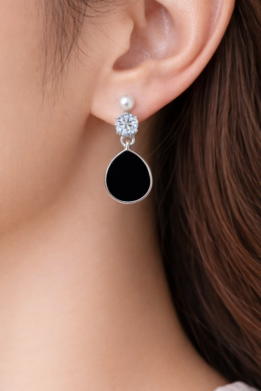 Elegant Pearl, Crystal & Black Teardrop Dangle Earrings