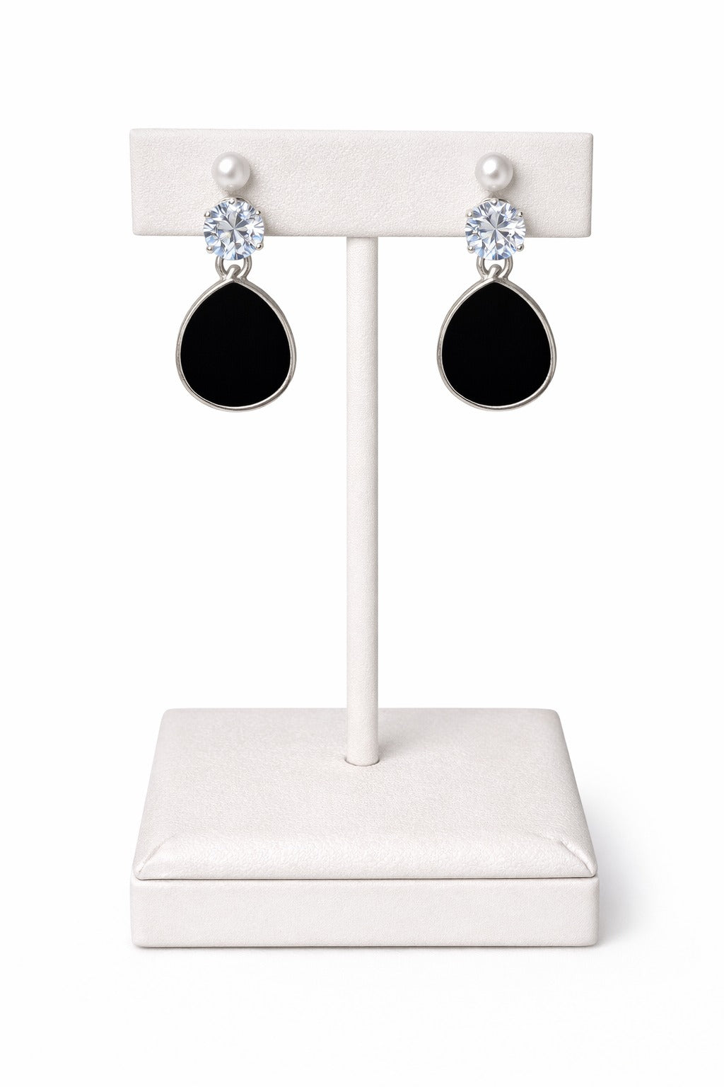 Elegant Pearl, Crystal & Black Teardrop Dangle Earrings