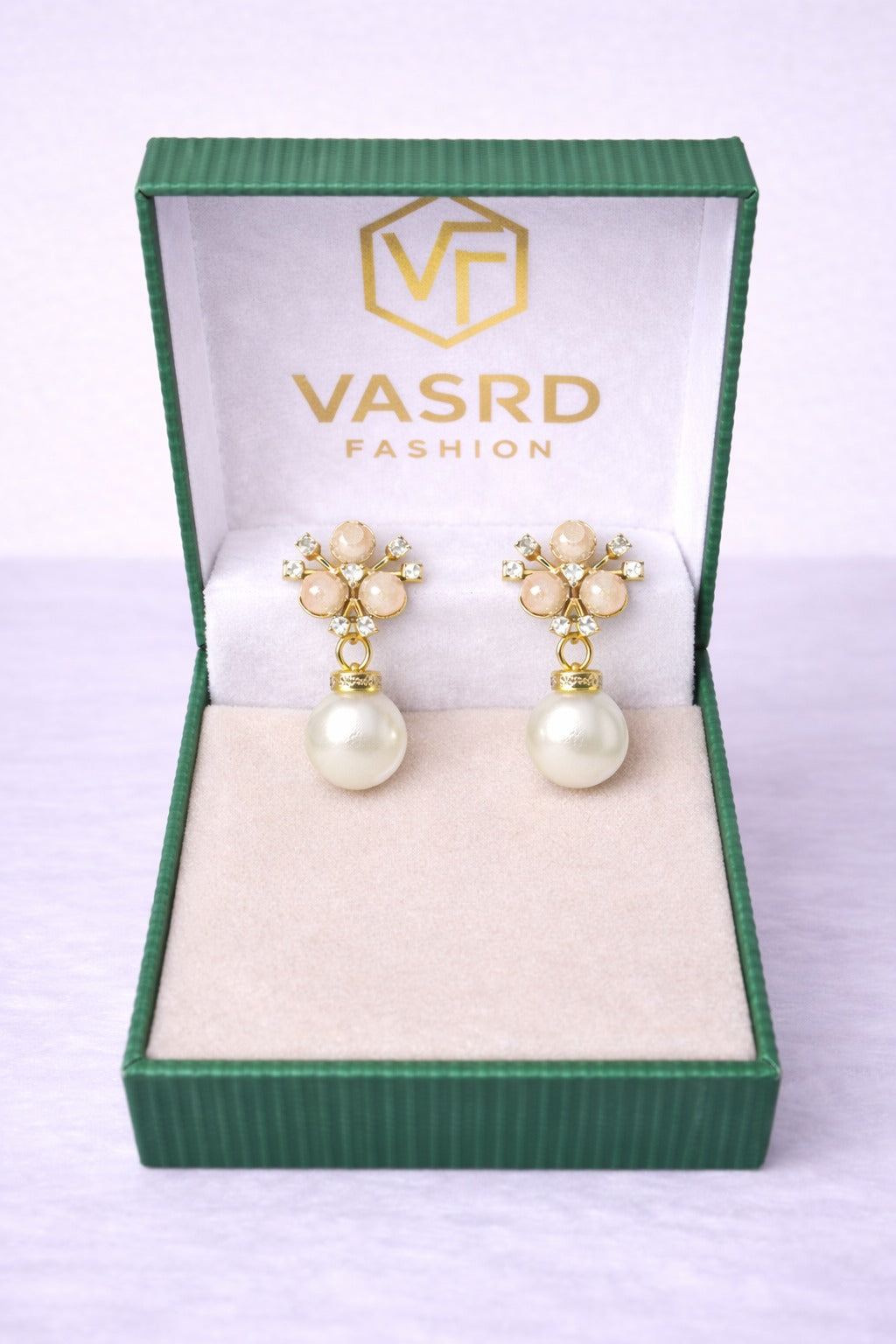 Elegant Peach Pearl Drop Earrings with Crystal Floral Stud