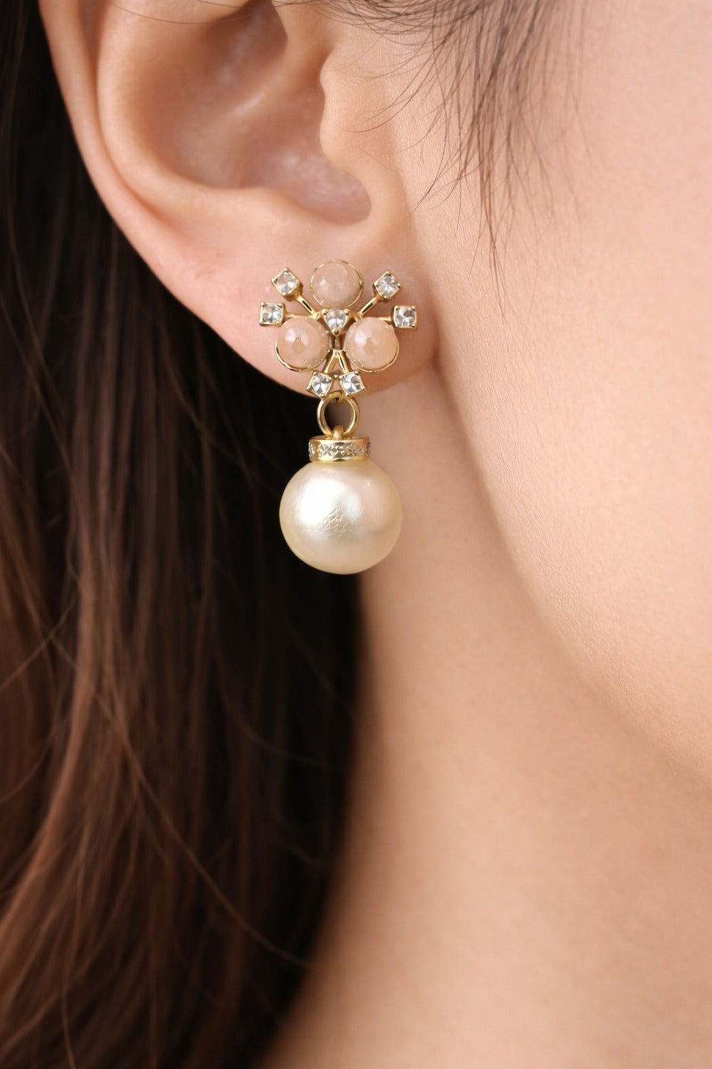 Elegant Peach Pearl Drop Earrings with Crystal Floral Stud